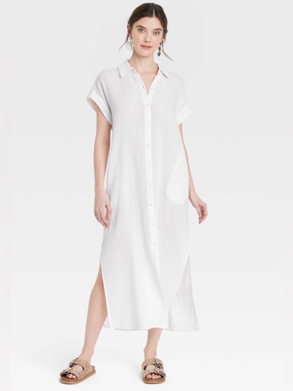 Gauzy Button-Front Maxi Shirtdress - White L
